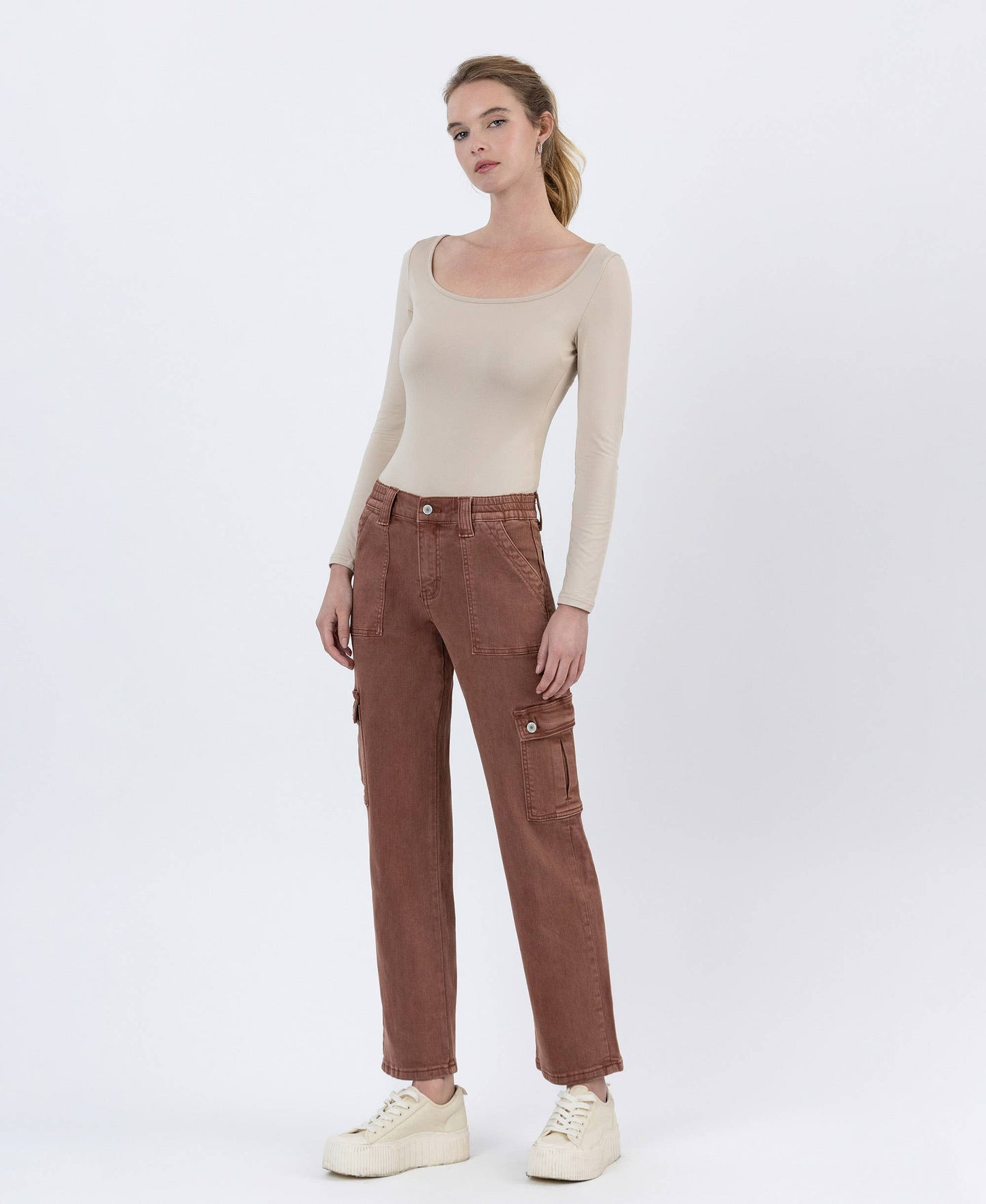 High Rise Patch Pocket Cargo Straight Jeans | Red Brick