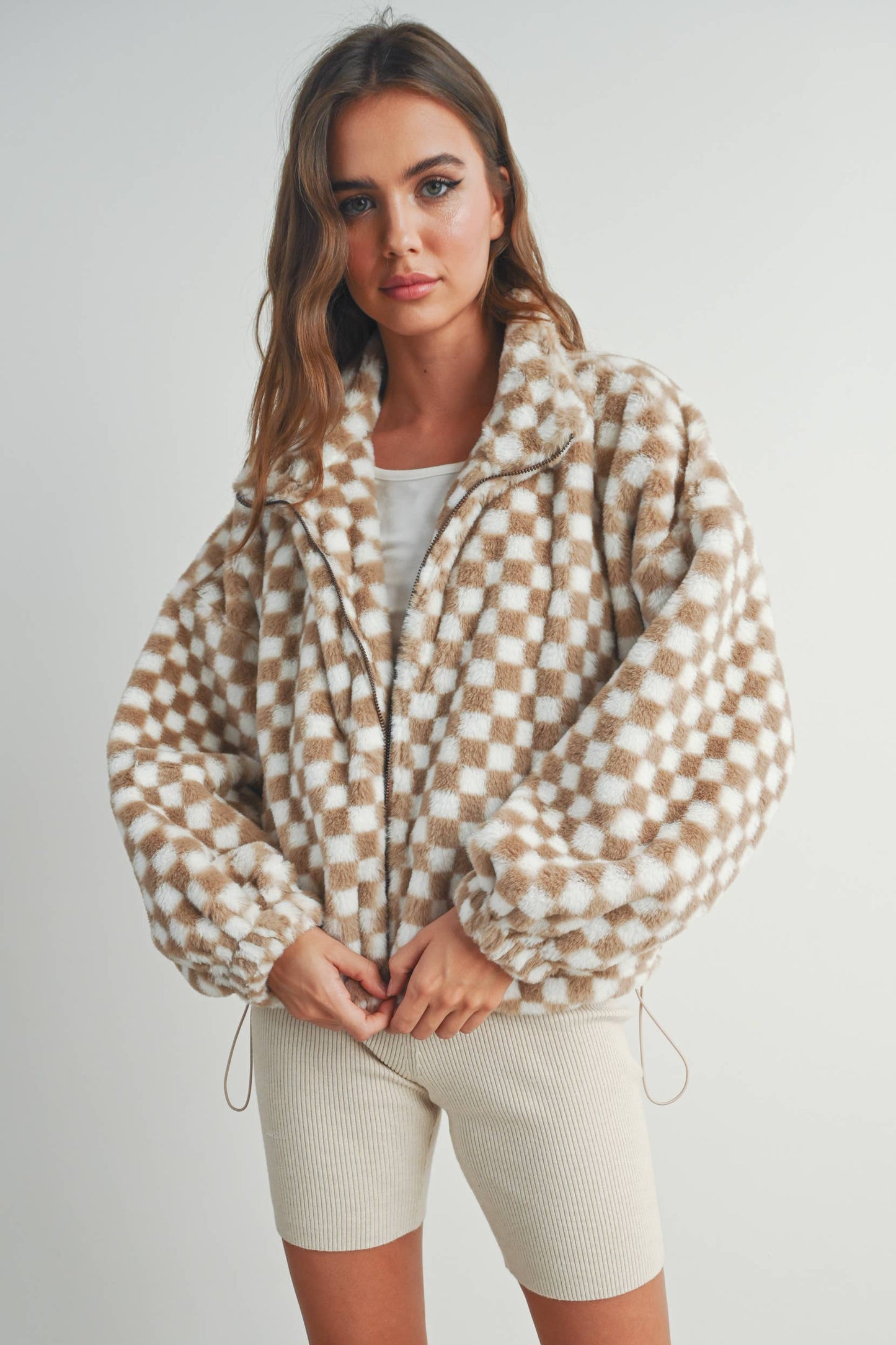 Cozy Checkered Teddy Jacket | TAUPE