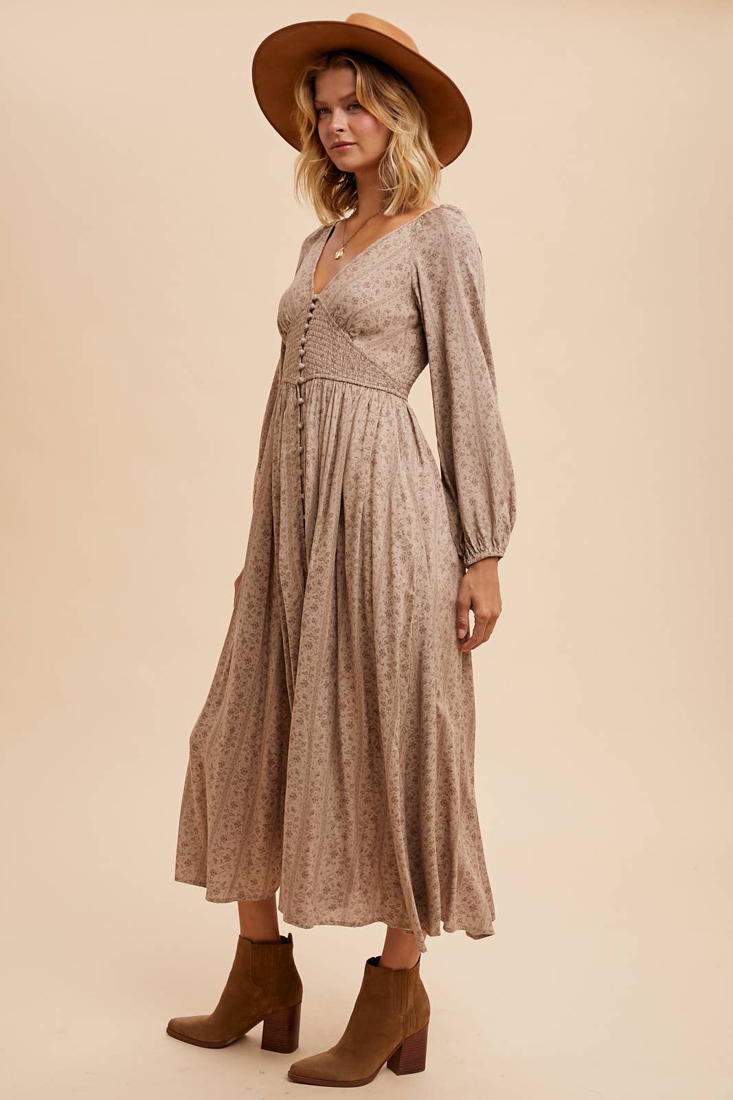 Saundra Smocked Floral Dress - Taupe