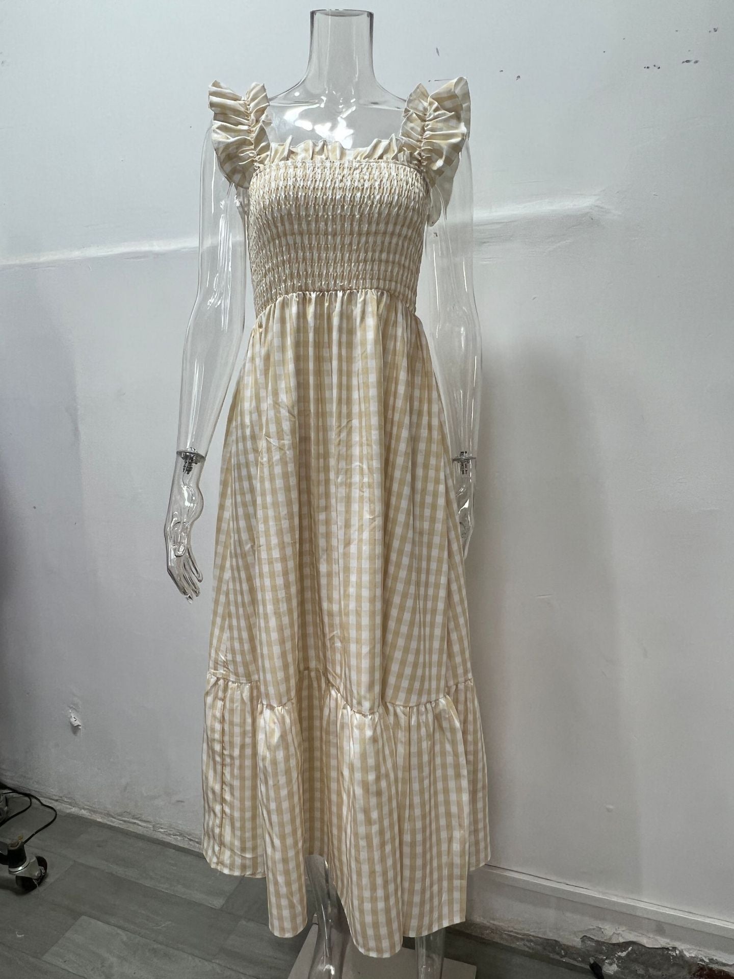 Tami Smocked Checker Dress - Beige