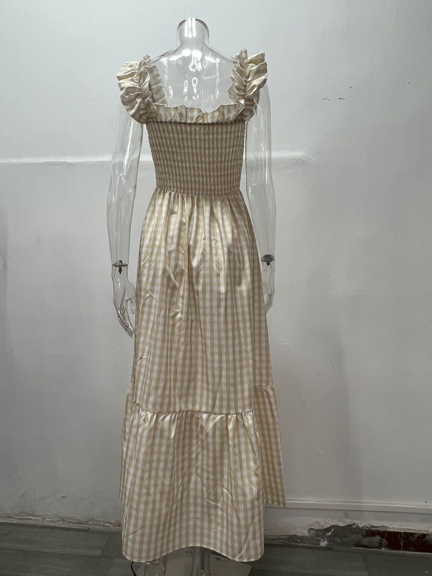 Tami Smocked Checker Dress - Beige